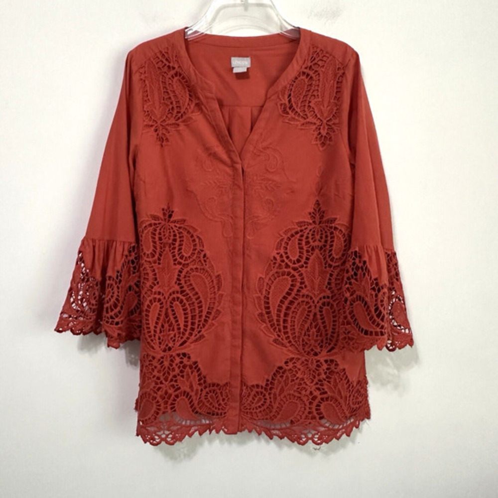 Chicos Crochet Lace Blouse 0 Size 4/6 Rust Button Front Top Bell Sleeve Boho